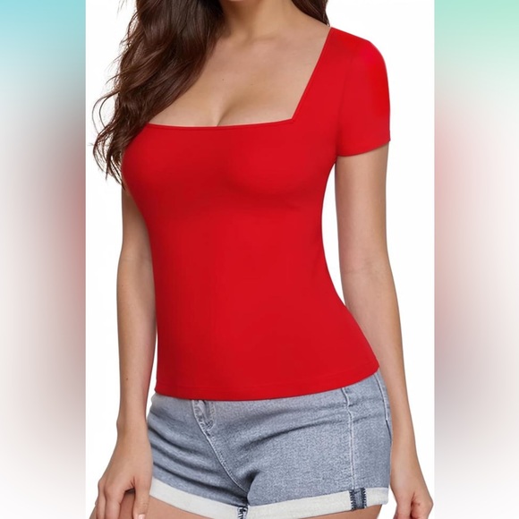 Short Sleeve Square Neck Top - Red - Picture 2 of 4